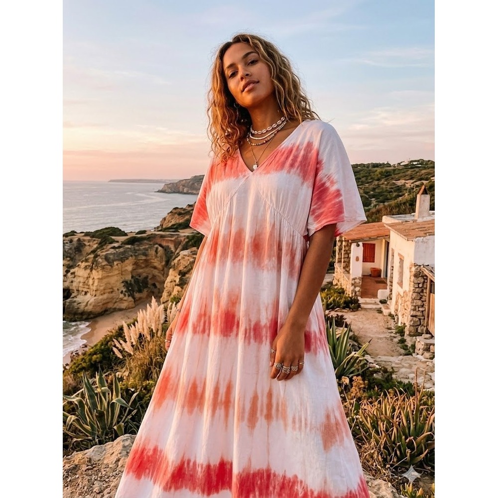 Knox Rose Boho Tie Dye Maxi Dress Coral White V-Neck Flutter Sleeve‎ Medium